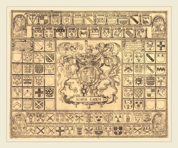 British 16th Century, Coats of Arms with Corner Portraits of Henry VII, Henry VIII, Edward VI, and