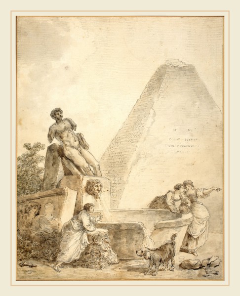 Hubert Robert, French (1733-1808), A Roman Capriccio with the Pyramid of Gaius Cestius, pen and