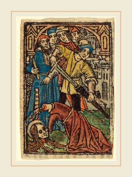 French 15th Century, Beheading of Saint Catherine (?), woodcut, hand-colored