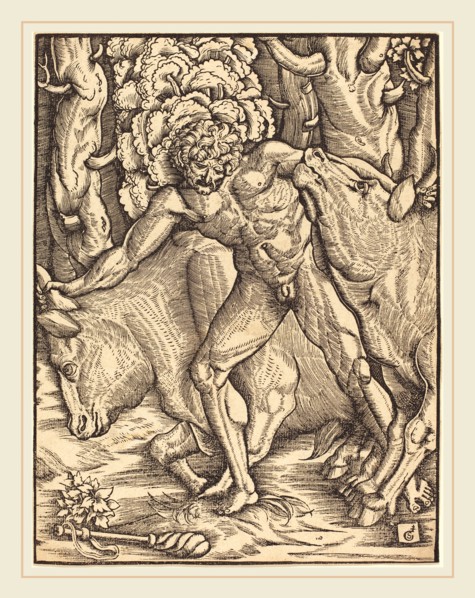 Gabriel Salmon, French (active 1504-1542), Hercules Carrying Off the Cattle of Geryon, woodcut