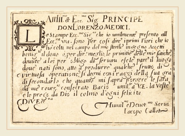 Jacques Callot, French (1592-1635), Dedication to Don Lorenzo de' Medici, c. 1622, etching