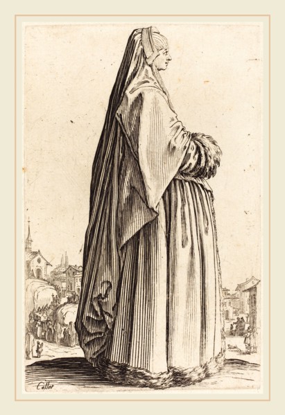 Jacques Callot, French (1592-1635), Noble Woman Wearing a Veil and a Dress Trimmed in Fur, c.