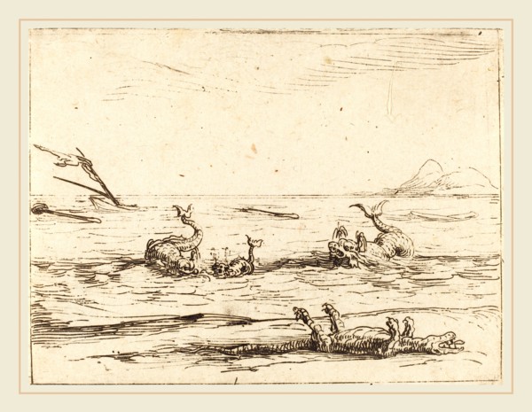 Jacques Callot, French (1592-1635), Dolphins and Crocodile, etching