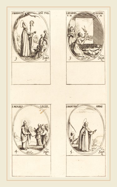 Jacques Callot, French (1592-1635), St. Mansuetus; Sts. Serapia and Erasma; Moses; St. Bertin,