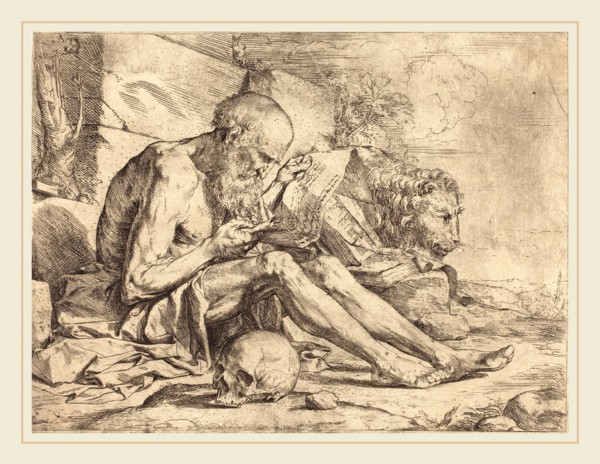 Jusepe de Ribera (Spanish, 1591-1652), Saint Jerome Reading, c. 1624, etching with some engraving