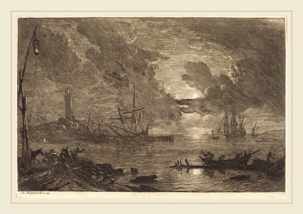 Adrien Manglard, French (1695-1760), Harbor by Moonlight, 1753, etching and engraving in black with