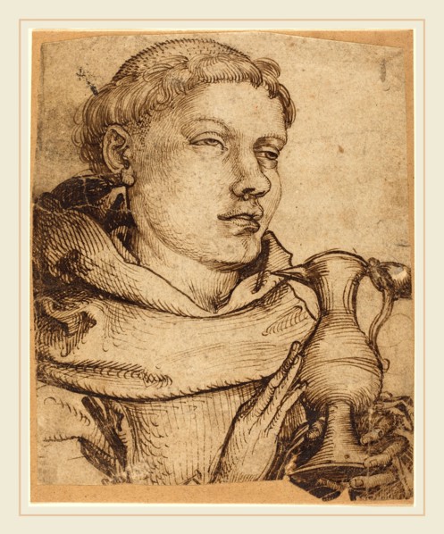 Martin Schongauer, German (c. 1450-1491), Bust of a Monk Assisting at Communion, pen and brown ink