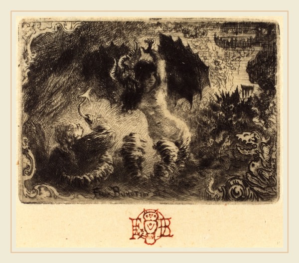 Félix-Hilaire Buhot, French (1847-1898), Jacques Cazotte's "Le Diable amoureux" (1st vignette),