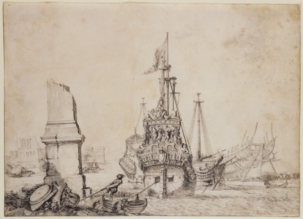 A ship in a port near a ruined obelisk