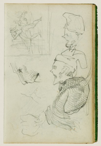 Studies of lion, compositional group figure study, two caricatur