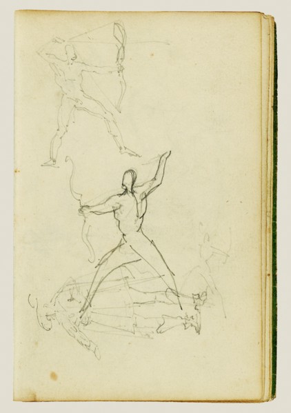 Three studies of a nude man with bow and arrow, standing cavalie