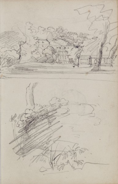 View of a Country House and Studies of Bushes and Foliage