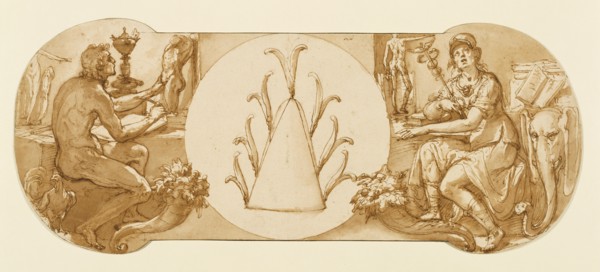 Allegories of Study and Intelligence Flanking the Zuccaro Emblem