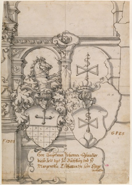 Stained Glass Design with Two Coats of Arms (recto),  Study of a