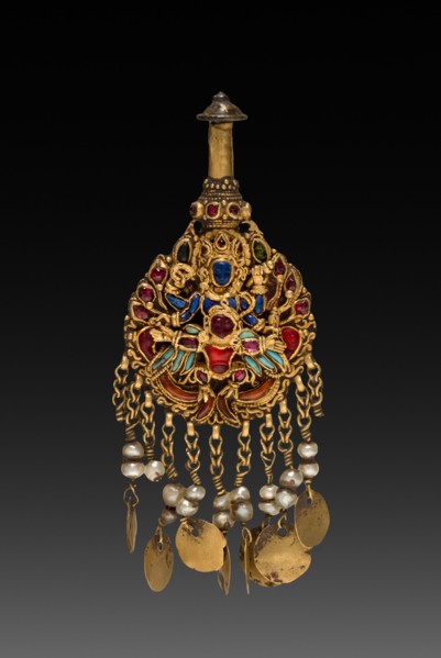 Earring with Vishnu Riding Garuda, 1600s. Nepal, Kathmandu Valley. Gold set with jewels and