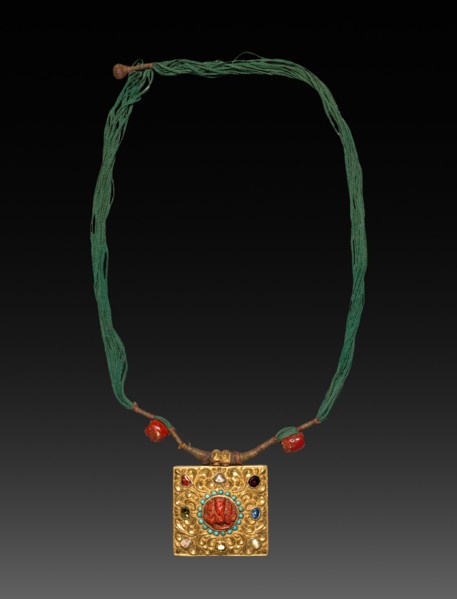 Charm Case, 1800s. Tibet, 19th century. Gold with jewels; overall: 7.2 x 7.8 cm (2 13/16 x 3 1/16