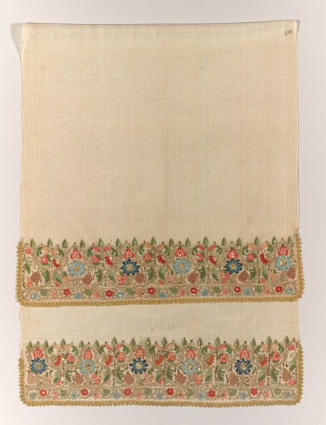 Embroidered towel, 1800s. Turkey. Plain weave: linen; embroidery, double-running stitch: silk,