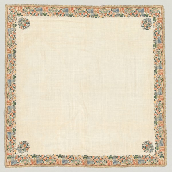 Embroidered head scarf, 1800s. Turkey. Plain weave: linen; embroidery, double-running stitch: silk,