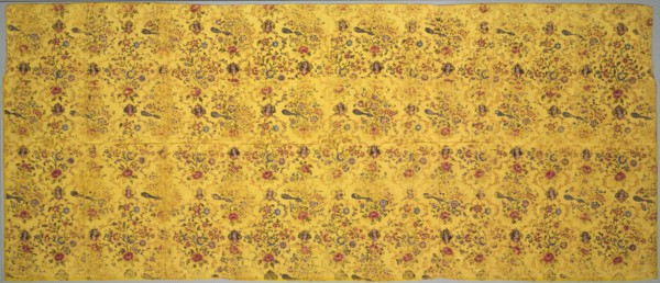 Wall cover with flora, peacocks, and portrait medallions, 1800s. Iran, Qajar period. Taffeta,