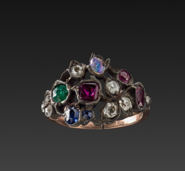 Ring, 1700s. Italy or France, 18th century. Gold band, silver setting with rubies, diamonds, opal,
