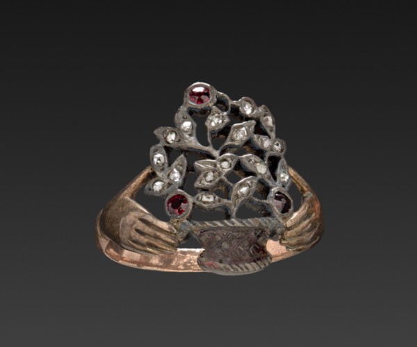 Ring, 1700s. France ?, 18th century. Gold band, silver ornamental basket with garnet and diamond