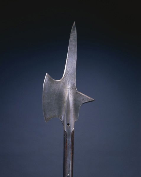 Halberd, 1600s. Switzerland, 17th century. Steel; rectangular wood haft with planed corners;