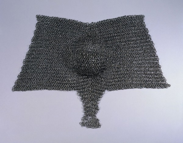 Brayette, 1400s. European, 15th century. Riveted steel rings; strongly reinforced; diameter: 1 cm