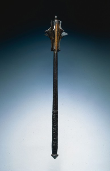 Seven-Flanged Mace, c. 1540-1550. Italy (?), 16th century. Gilded russet steel; with chiseled