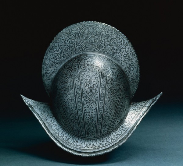 Morion, c. 1575-1600. North Italy, late 16th Century. Steel with etched floral motif and medallion