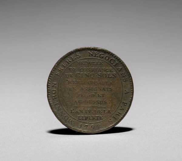 Medal:  Five Sols issued by Monneron Brothers, Paris, 1792 (reverse). Jules Dupré (French,