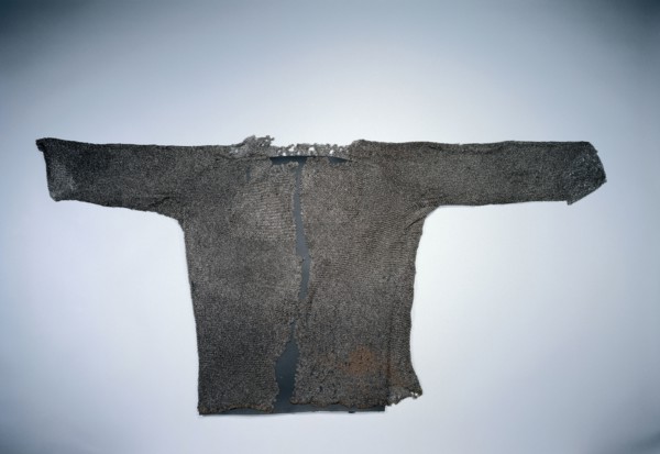 Hauberk, 1400s. Europe, 15th century. Very fine rings; border of brass rings at bottom edge;