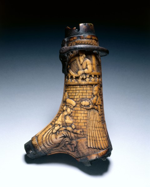 Powder Flask, c. 1580. Germany, late 16th Century. Staghorn (two branches) carved with relief,
