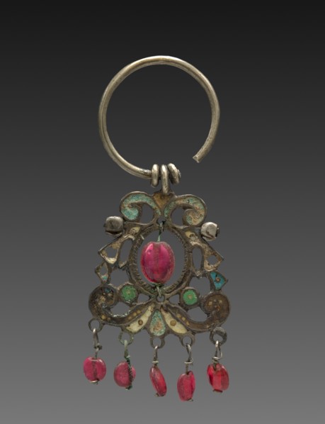 Earring, 1800s. Russia, 19th century. Silver, enamel and red glass beads; overall: 6.4 x 2.6 cm (2