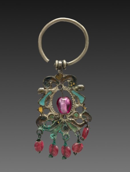 Earring, 1800s. Russia, 19th century. Silver, enamel and red glass beads; overall: 6.4 x 2.6 cm (2