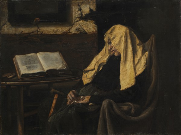 Old Woman Asleep, Mid 19th century. Possibly France, mid-19th Century. Oil on fabric; unframed: 31