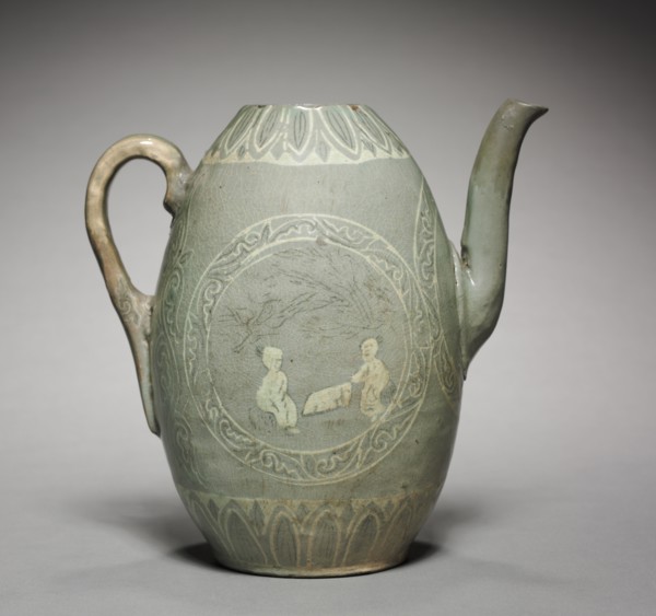 Pitcher with Inlaid Figure and Willow Design, 1200s. Korea, Goryeo period (918-1392). Celadon ware