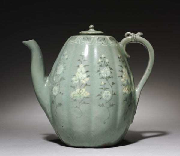 Pitcher with Inlaid Chrysanthemum and Peony Design, 1100s. Korea, Goryeo period (918-1392). Celadon
