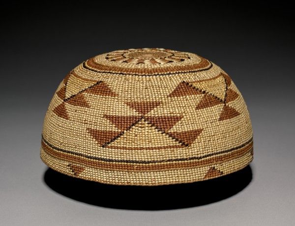 Hat, c  1875-1917. California, late 19th- early 20th century. Plain-twined hazel with decoration in