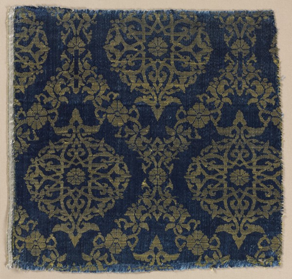 Lampas with foliate medallions in ogival lattice, 1400s. Egypt. Lampas: silk; overall: 21.6 x 22.3