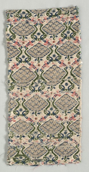 Textile Fragment, 1600s. Italy, 17th century. Silk, metallic thread; overall: 35 x 16.5 cm (13 3/4