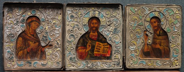 Triptych with Christ, the Virgin, and St. John the Evangelist, 1800s. Russia, 19th century. Pigment