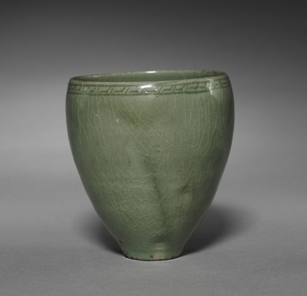 Cup with Incised Thunder Design, 1100s-1200s. Korea, Goryeo period (918-1392). Celadon; diameter of