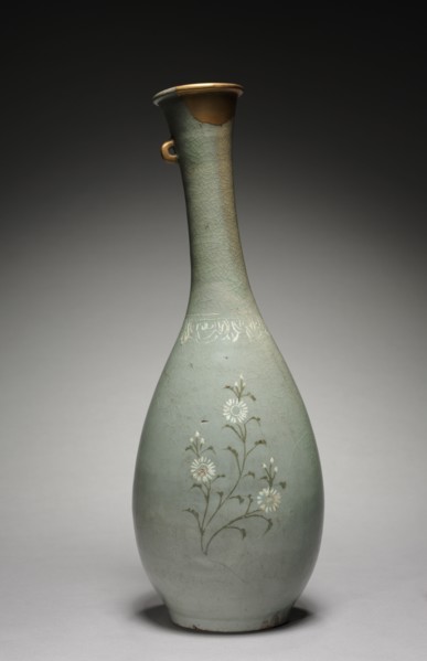 Bottle with Chrysanthemum Design, 1100s. Korea, Goryeo period (918-1392). Celadon ware with inlaid