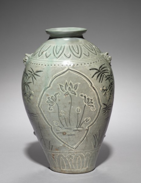 Vase with Inlaid Lotus, Plum, and Bamboo Design, 1300s. Korea, Goryeo period (918-1392). Celadon