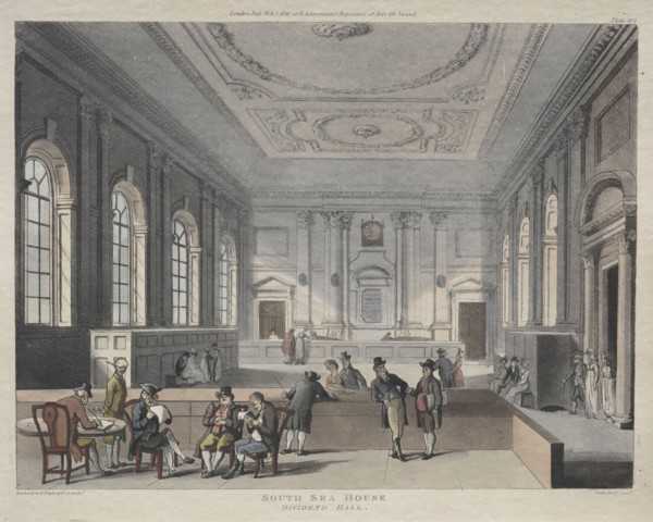 South Sea House, Dividend Hall, 1810. Thomas Rowlandson (British, 1756-1827), and Augustus Charles