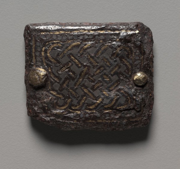 Plaque, 600s. Merovingian, Burgundian, Migration period, 7th century. Iron inlaid with gold and