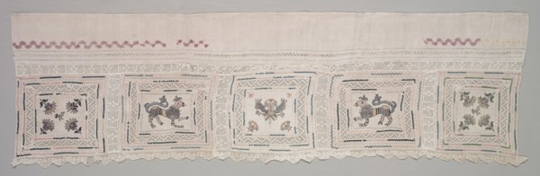 Runner, c 1800s. Russia, 19th century. Embroidered linen, ribbon applique; overall: 54.6 x 188 cm