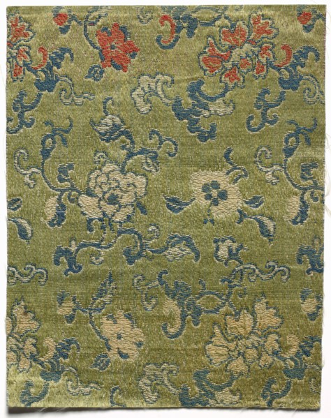 Fragment, 1800s. China, 19th century. Satin ground; silk diasper weave; overall: 15.9 x 12.7 cm (6