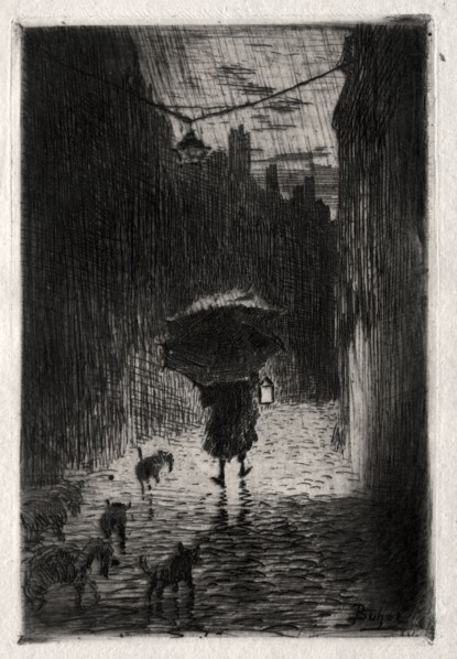 Rain and Umbrella, c. 1875. Félix Hilaire Buhot (French, 1847-1898). Etching; sheet: 22.5 x 14.8 cm