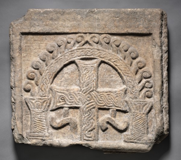 Relief Panel from the End of a Sarcophagus:  A Cross Within an Arch, 700s-800s. Lombardic, Italy,